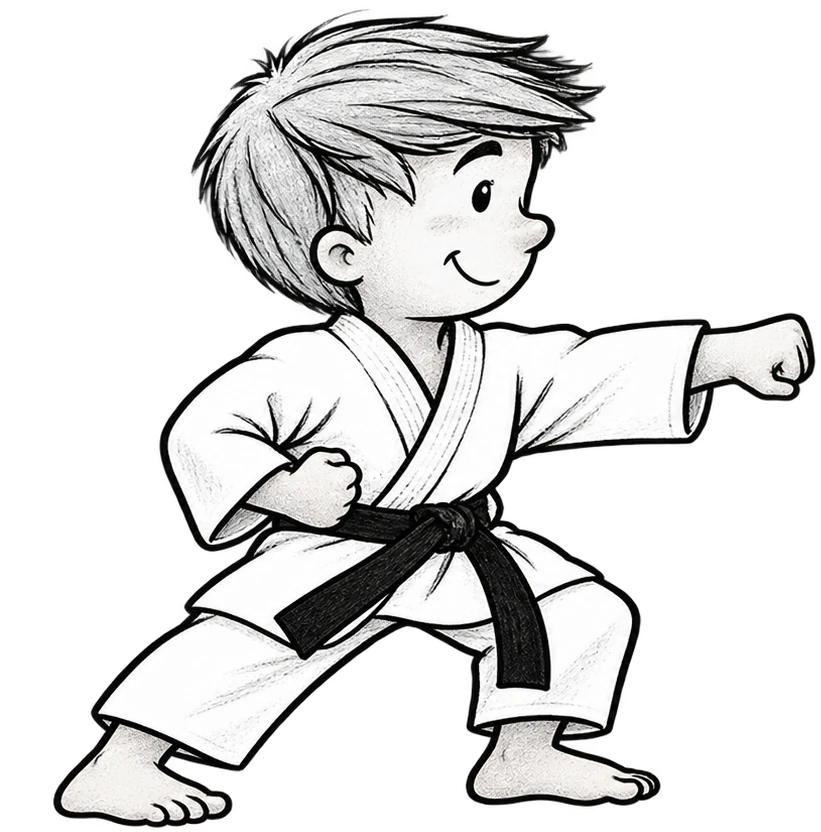 Disegno di un bambino in karategi che tira un pugno
